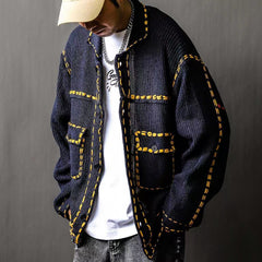 Hearujoy American Jacquard Vintage Knitted Jacket For Men Autumn Winter Turndown Collar Sweater Cardigan Fashion Streetwear Kint Tops