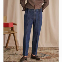 Hearujoy Vintage Cotton Men Jeans Suit Pants Elastic High Waisted Straight Trousers British Business Style Casual Naples Denim Pant
