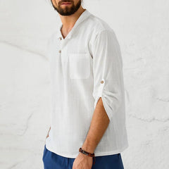 Hearujoy Retro Shirts Mens 100% Cotton Linen Long Sleeve Stand Collar Casual Loose Button Pullover Spring Summer Fashion Vintage Top Male