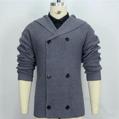 Hearujoy Autumn Winter Men Double Breasted knitted Hoodie Jacket Vintage Grey Hooded Sweater Oversized Knit Cardigan Casual Knitwear