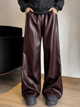 HEARUJOY - Men's Casual Straight Leg Pants with Buttoned Waist - Brown Shiny Fabric, Loose Fit for Streetwear, Hip-Hop Style, and Party Wear