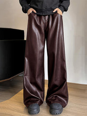 HEARUJOY - Men's Casual Straight Leg Pants with Buttoned Waist - Brown Shiny Fabric, Loose Fit for Streetwear, Hip-Hop Style, and Party Wear