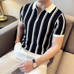 Hearujoy British Style Luxury Knit Polo Shirt Men Striped Short /Long Sleeve Half Zipper Top Business Casual High Quality Tee Streetwear