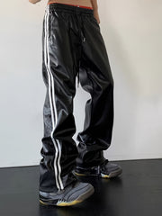 Hearujoy Men's PU Leather Pants, 45% Polyurethane 55% Polyester, All-Season Street Style Straight Leg with Side Stripe Design, Loose Fit Woven Trousers, Allseason Pants | Modern Loose Pants | Drawstring Waistband
