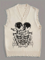 Hearujoy Stylish Men's Brown Knit Sweater Vest with Skull Print - Casual V-Neck, Sleeveless Pullover with Raw Hem Detail, Perfect for Summer