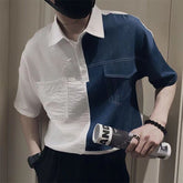 Hearujoy Fashion Denim Patchwork Shirt Men Short Sleeve Polo Collar Pullover Tops Summer Handsome Casual Loose Blouse Streetwear Male