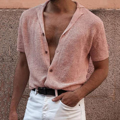 Hearujoy Summer Newest Men Short-sleeved Knitted Polo Blouse Tees Cardigan Vintage Casual Lapel Breathable Ice Silk Shirt Sweater T-Shirt