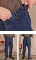 Hearujoy Vintage Cotton Men Jeans Suit Pants Elastic High Waisted Straight Trousers British Business Style Casual Naples Denim Pant