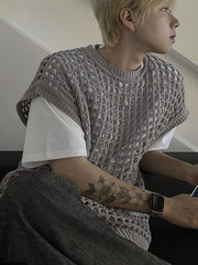 Hearujoy Solid Color Viscose Tank Top - Men's Fashion Hollow-Out Crew Neck Sleeveless Knit Vest for Casual, Outdoor, Streetwear - Spring/Summer/Fall Season