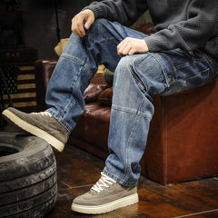 Hearujoy American Style Multi Pocket Denim Pants Men Spring Autumn Loose Straight Trouser Trendy Vintage Cargo Jeans Fashion Streetwear