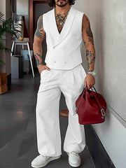 HEARUJOY - Men Casual Solid Color Shawl Collar Double Breasted Vest with Buttoned Waist Front Zipper Straight Leg Pants Baggy Thin Formal Work Pants Blazer Suit - Polyester, Non-Stretch, Summer, Regular Fit, Woven, 130g/m²