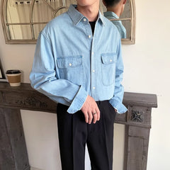 Hearujoy American Vintage Men's Denim Shirt Safari Style Double Pocket Lapel Long Sleeve Top Spring Autumn Fashion Streetwear Shirts Male