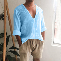 Hearujoy Spring Summer Mens V Neck Cotton Linen T-shirt Loose Solid Long Sleeve Pullovers Tops Fashion Casual Clothing Streetwear