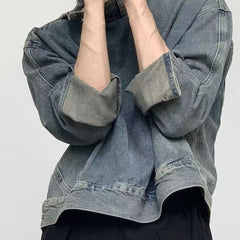 Hearujoy Vintage Distressed Men's Denim Sweatshirt Release High Collar Luxury Design Tops Pullover Autumn Winter Harajuku Unisex Hoodie