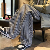 Hearujoy American Vintage Vertical Stripes Woolen Casual Pants For Men Spring Autumn Fashion Straight Wide Leg Trousers Streetwear Male