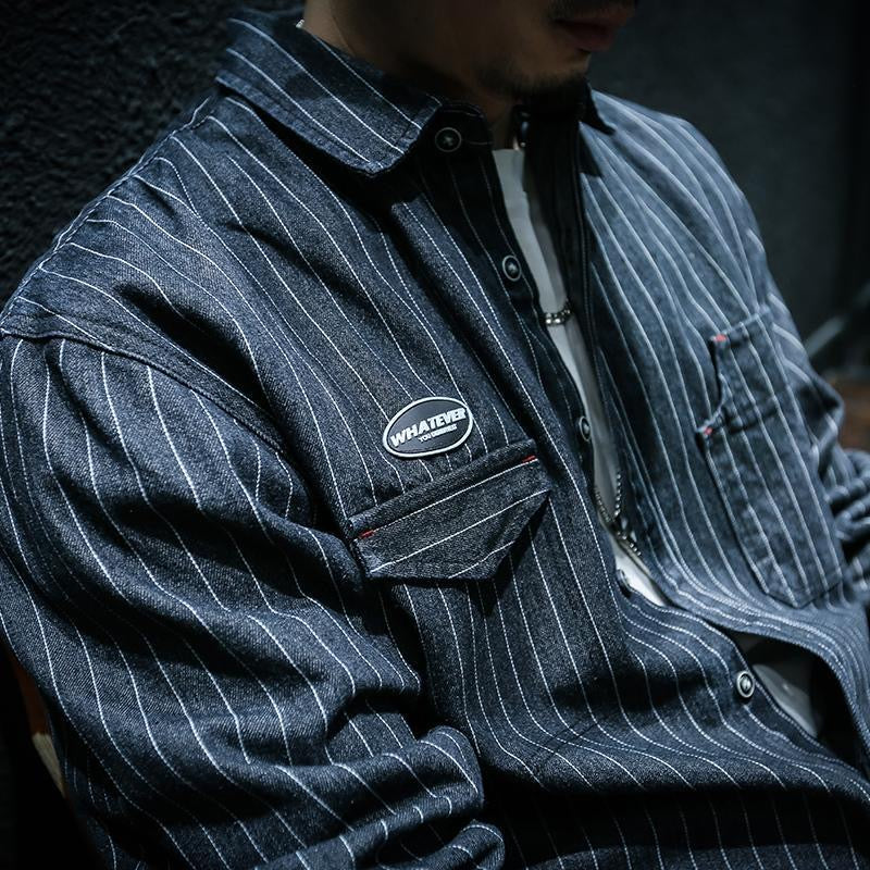 Hearujoy Japanese Retro Style striped shirt For Men Spring Autumn Long Sleeve Loose Tops American heavyweight Workwear Shirts Streetwear