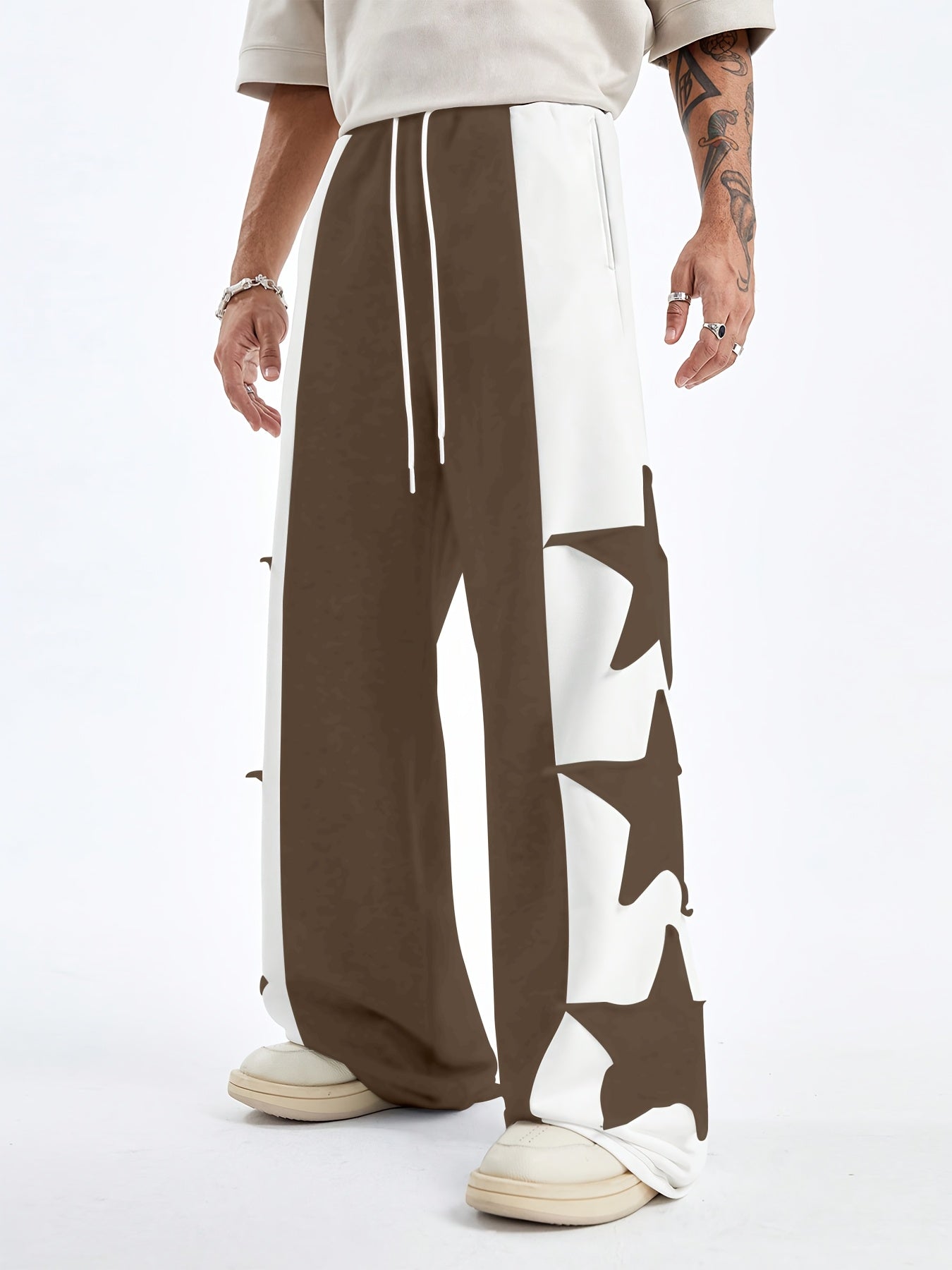 Hearujoy Star Pattern Contrast Trousers, High Street Style Casual Loose Sports Pants with Stitching Detail, Machine Washable Polyester, Daily, Polyester
