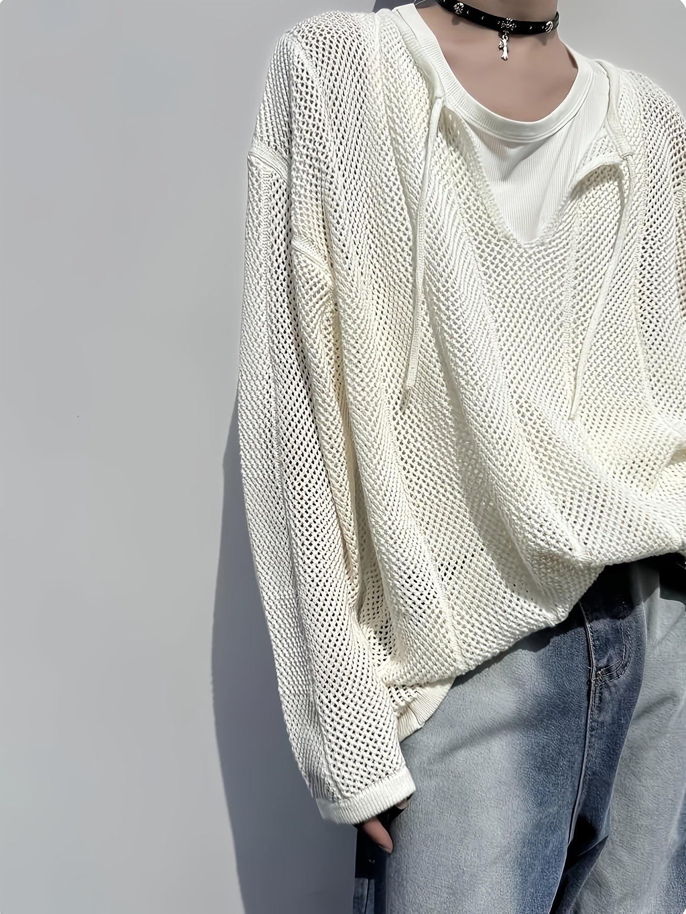 Hearujoy Men'S Casual Knitted Pullover Sweater with Hollow Geometric Square Pattern, Long Sleeves, Keyhole Collar, Loose Fit, 100% Polyester Fiber, Medium Elasticity, 7.76 oz/Square Meter, Suitable for Wearing on Spring And A