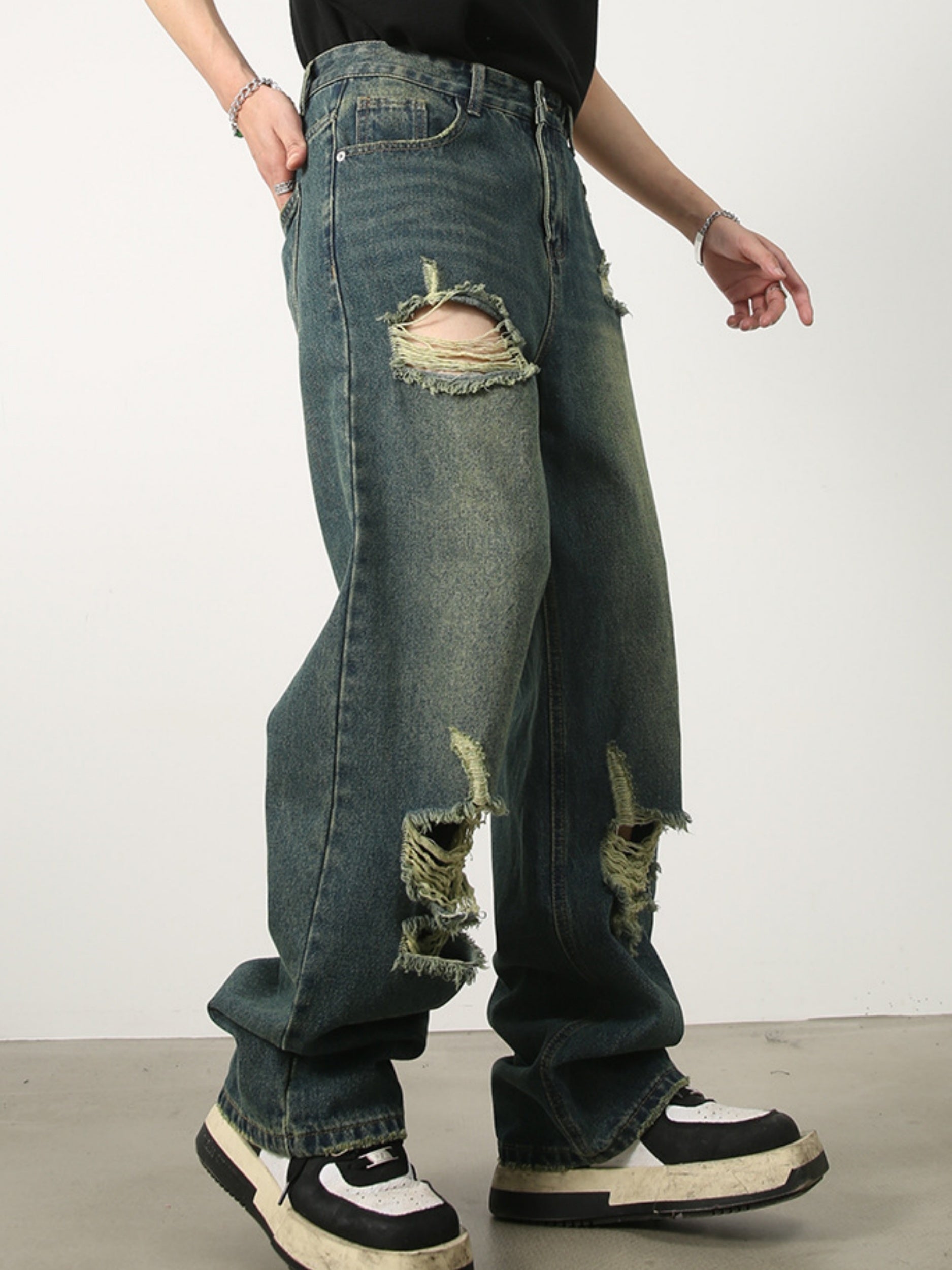 Hearujoy Men's Denim New Design Sense Street Dance Hip-hop Skateboard Hole Straight Leg Jeans Frosted Wide Leg Loose Casual Denim Pants