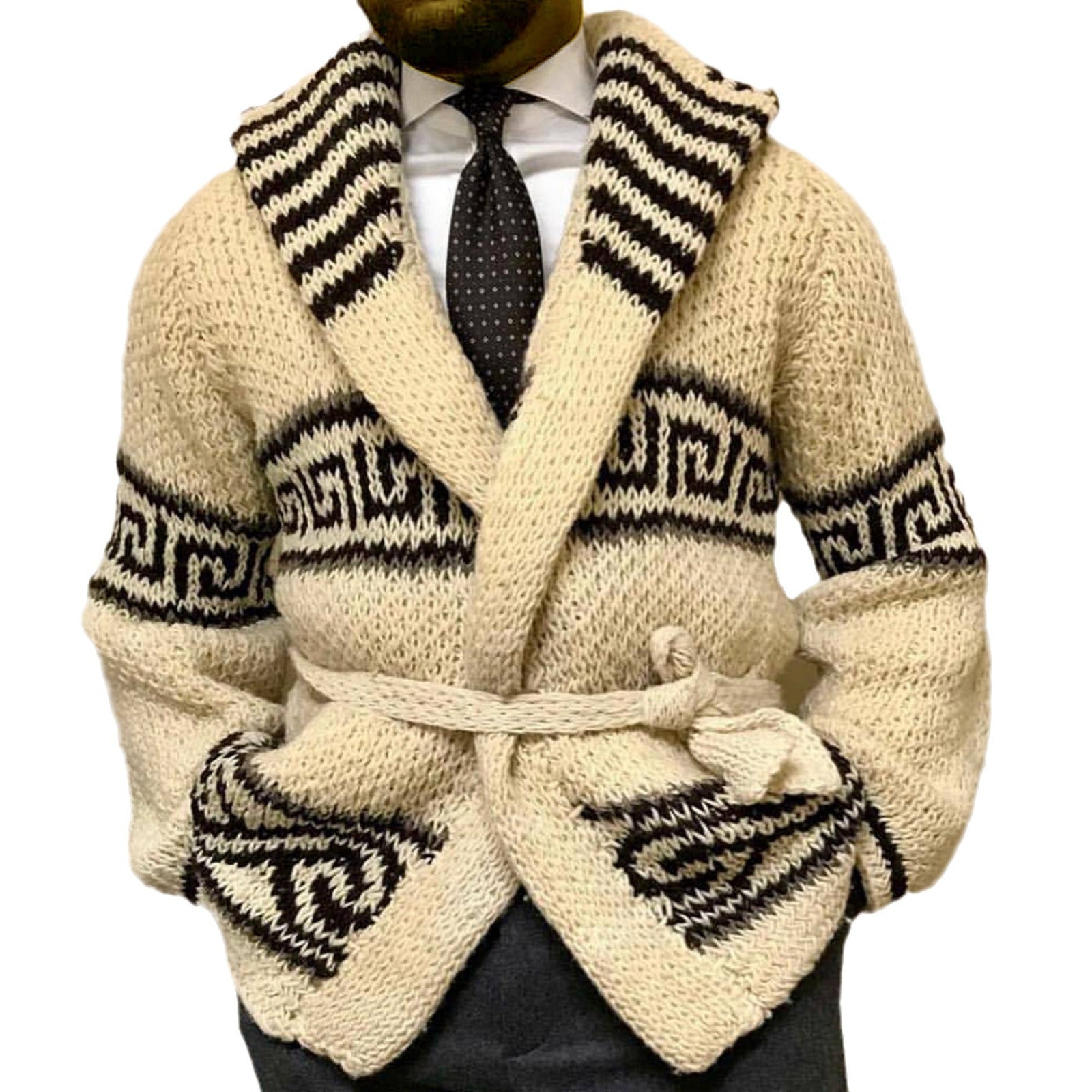Hearujoy Autumn Winter Men Thicken Jacquard Knitted Cardigan Coat Vintage Turndown Collar With Waistband Thick Needle Sweater Streetwear