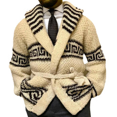 Hearujoy Autumn Winter Men Thicken Jacquard Knitted Cardigan Coat Vintage Turndown Collar With Waistband Thick Needle Sweater Streetwear