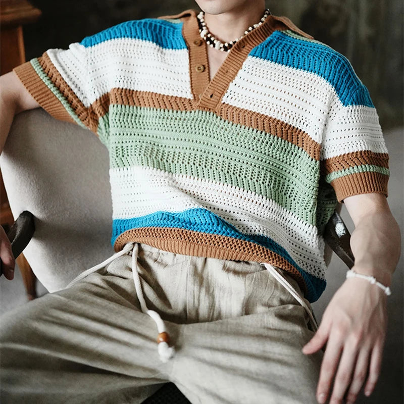 Hearujoy American Vintage Striped Knitted Polo Shirt For Men Fashion Contrast Color Hollow Out Kint Tops New Summer Short Sleeve Tshirs