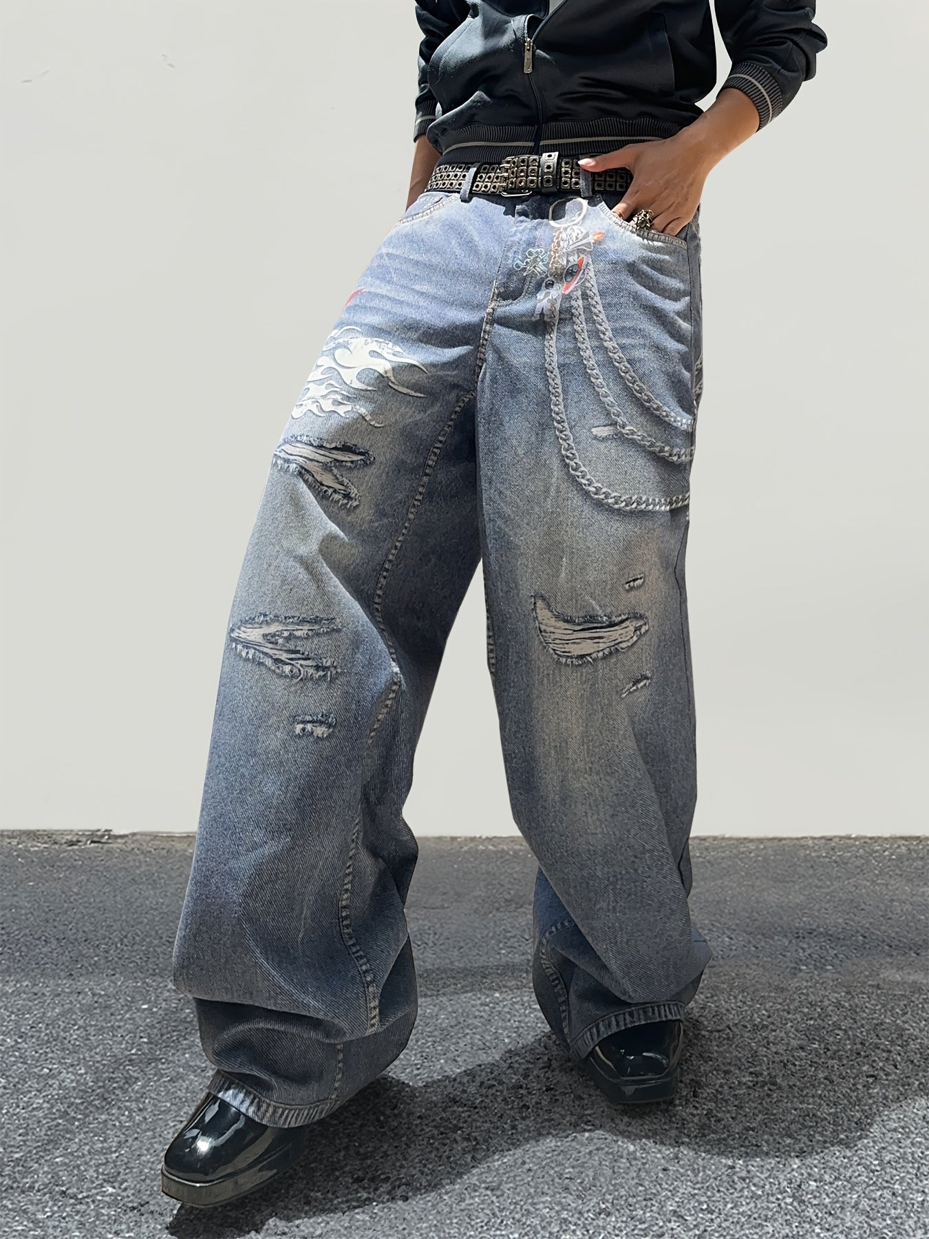 Hearujoy Men's Trendy Loose-Fit Chain Print Faux Denim Pants - Street Style Casual Straight Leg, Machine Washable