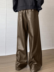 HEARUJOY  -  Men's Casual Straight Leg Pants with Buttoned Waist - Brown Shiny Fabric, Loose Fit for Streetwear, Hip-Hop Style, and Party Wear