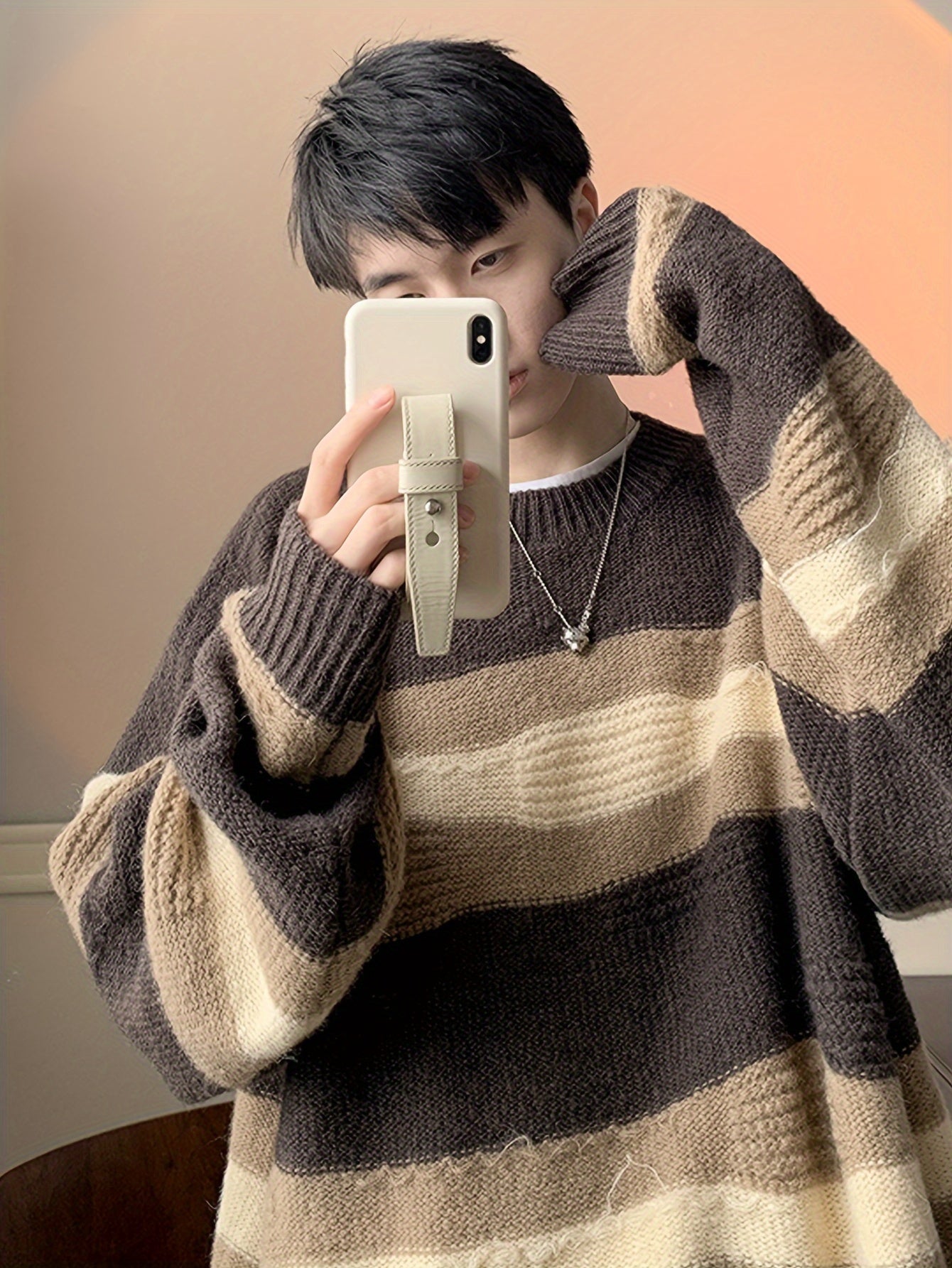 Hearujoy 1pc Korean Style Cozy Fleece-Lined Crew Neck Sweater for Men - Casual Polyester Striped Pullover with Contrasting Colors, Loose Fit, Thermal Insulation, Knitted Fabric, Adult - Fall/Winter Essential