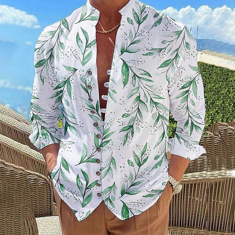 Hearujoy Vintage 3D Print Shirt Mens Long Sleeve Stand Collar Loose Casual Top Streetwear Spring Autumn Fashion Retro Shirts For Men