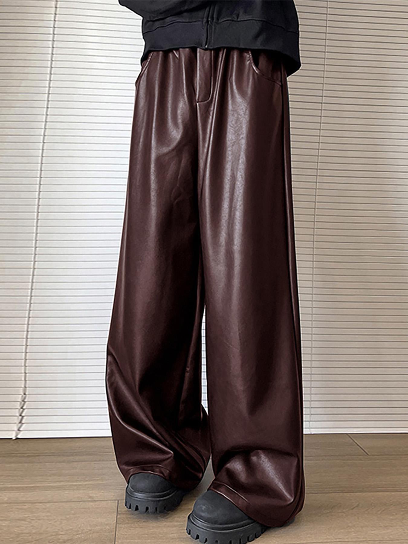 HEARUJOY  -  Men's Casual Straight Leg Pants with Buttoned Waist - Brown Shiny Fabric, Loose Fit for Streetwear, Hip-Hop Style, and Party Wear