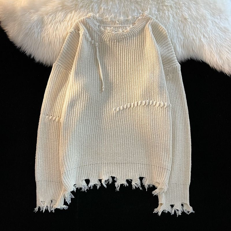 Hearujoy Vintage Hole Tassels Sweater Men Women Autumn Long Sleeves Kint Tops Fashion Loose Knitted Pullover Couples Unisex Streetwear