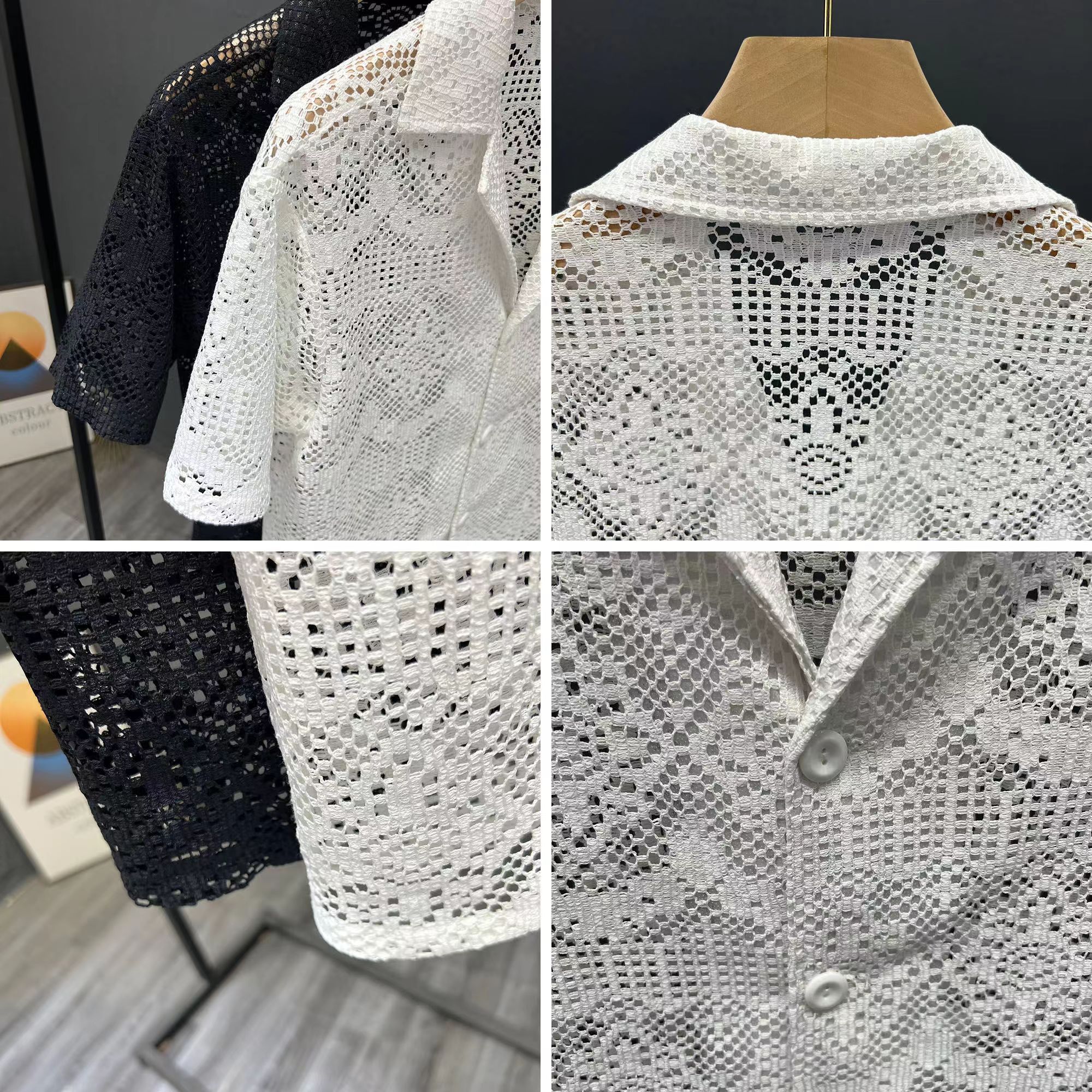 Hearujoy Vintage Ice Silk Lace Shirts For Men Sexy Lace Breathable Hollow Out Tops Summer Fashion Cuban Collar Short Sleeved Shirt Male