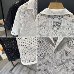 Hearujoy Vintage Ice Silk Lace Shirts For Men Sexy Lace Breathable Hollow Out Tops Summer Fashion Cuban Collar Short Sleeved Shirt Male