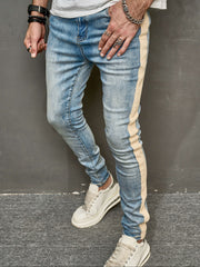 Hearujoy Cross border elastic slim fit motorcycle men's jeans, casual and versatile slimming pants, trendy contrasting striped leggings