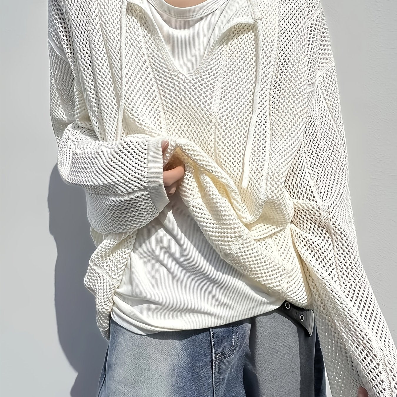Hearujoy Men'S Casual Knitted Pullover Sweater with Hollow Geometric Square Pattern, Long Sleeves, Keyhole Collar, Loose Fit, 100% Polyester Fiber, Medium Elasticity, 7.76 oz/Square Meter, Suitable for Wearing on Spring And A