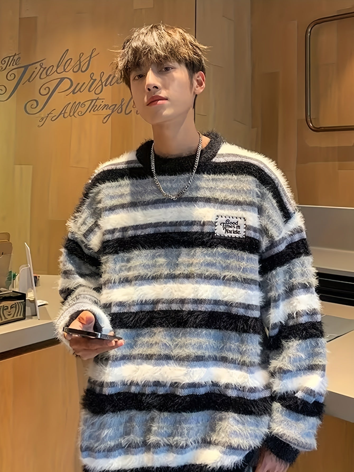 Hearujoy Cozy Striped Knit Sweater for Men - Casual Loose Fit, Color Block Design, Perfect for Fall/Winter