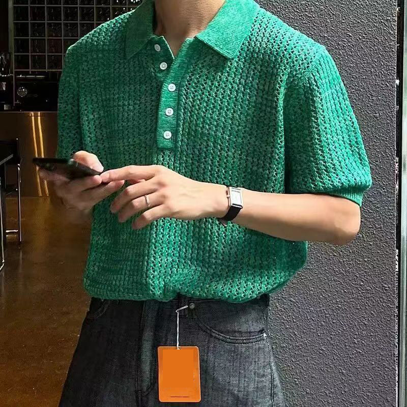 Hearujoy Summer Short Sleeved Knitted Polo Shirt Men Senior Korean Slim Fit Top Fashion Casual  hollow out Kint Tshirts High Quality