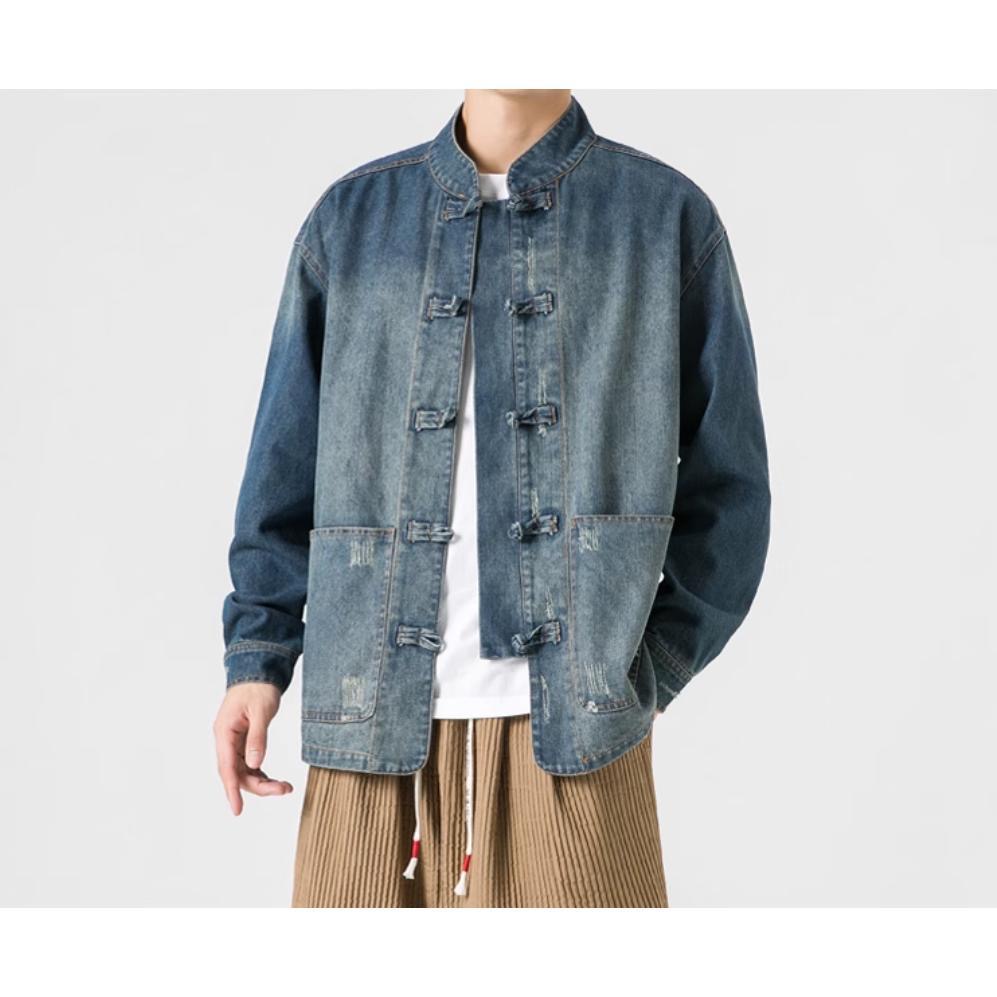 Hearujoy Retro Chinese Style Washed Denim Jacket For Men Spring Autumn Long Sleeved Stand Collar Top Fashion Vintage Ethnic Shirts Coat