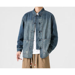 Hearujoy Retro Chinese Style Washed Denim Jacket For Men Spring Autumn Long Sleeved Stand Collar Top Fashion Vintage Ethnic Shirts Coat