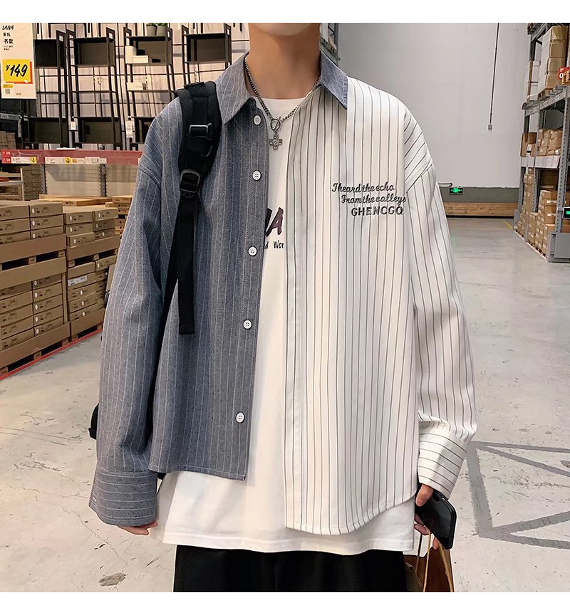 Hearujoy Fashion Men Irregular Patchwork Striped Shirt Loose Long Sleeve Tops Spring Autumn Trend Streetwear Handsome Youth Shirts Male