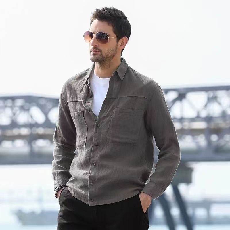 Hearujoy Vintage Linen Shirt For Men Double Pocket Workwear Long Sleeved Top Spring Autumn Leisure Loose Blouse Shirts Cotton Linen Male