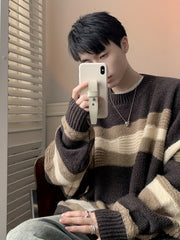 Hearujoy 1pc Korean Style Cozy Fleece-Lined Crew Neck Sweater for Men - Casual Polyester Striped Pullover with Contrasting Colors, Loose Fit, Thermal Insulation, Knitted Fabric, Adult - Fall/Winter Essential