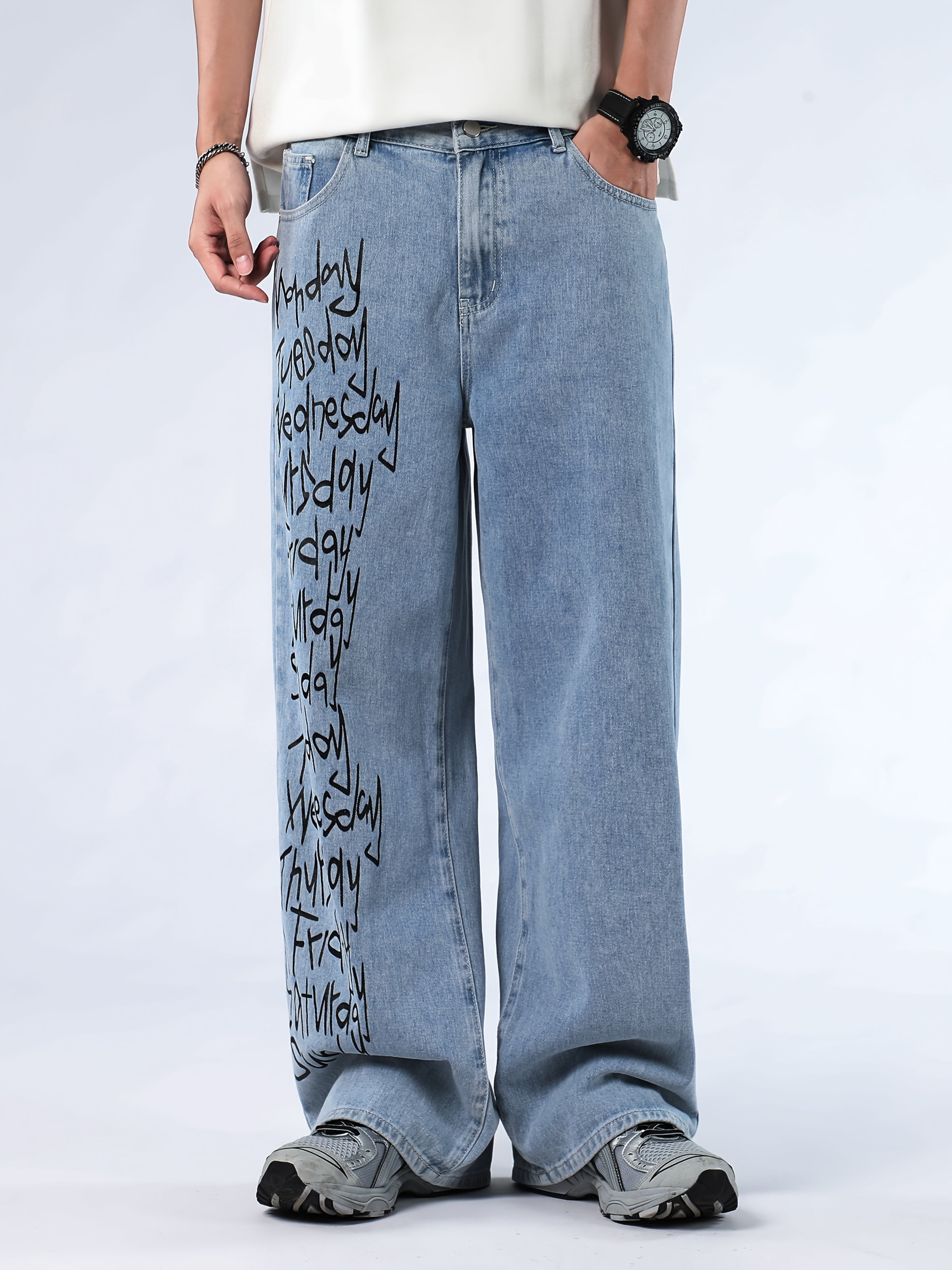 Hearujoy Y2K-Inspired Men's Hip-Hop Printed Jeans - Casual Loose Fit Straight Leg Denim for Streetwear, Skateboarding & Jogging