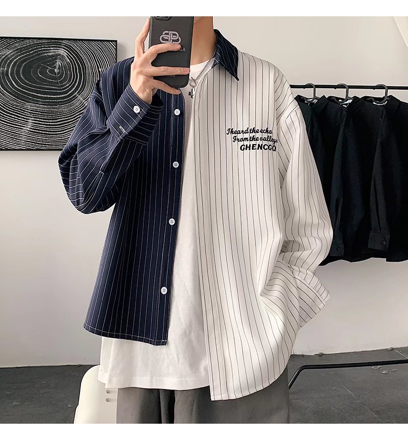 Hearujoy Fashion Men Irregular Patchwork Striped Shirt Loose Long Sleeve Tops Spring Autumn Trend Streetwear Handsome Youth Shirts Male