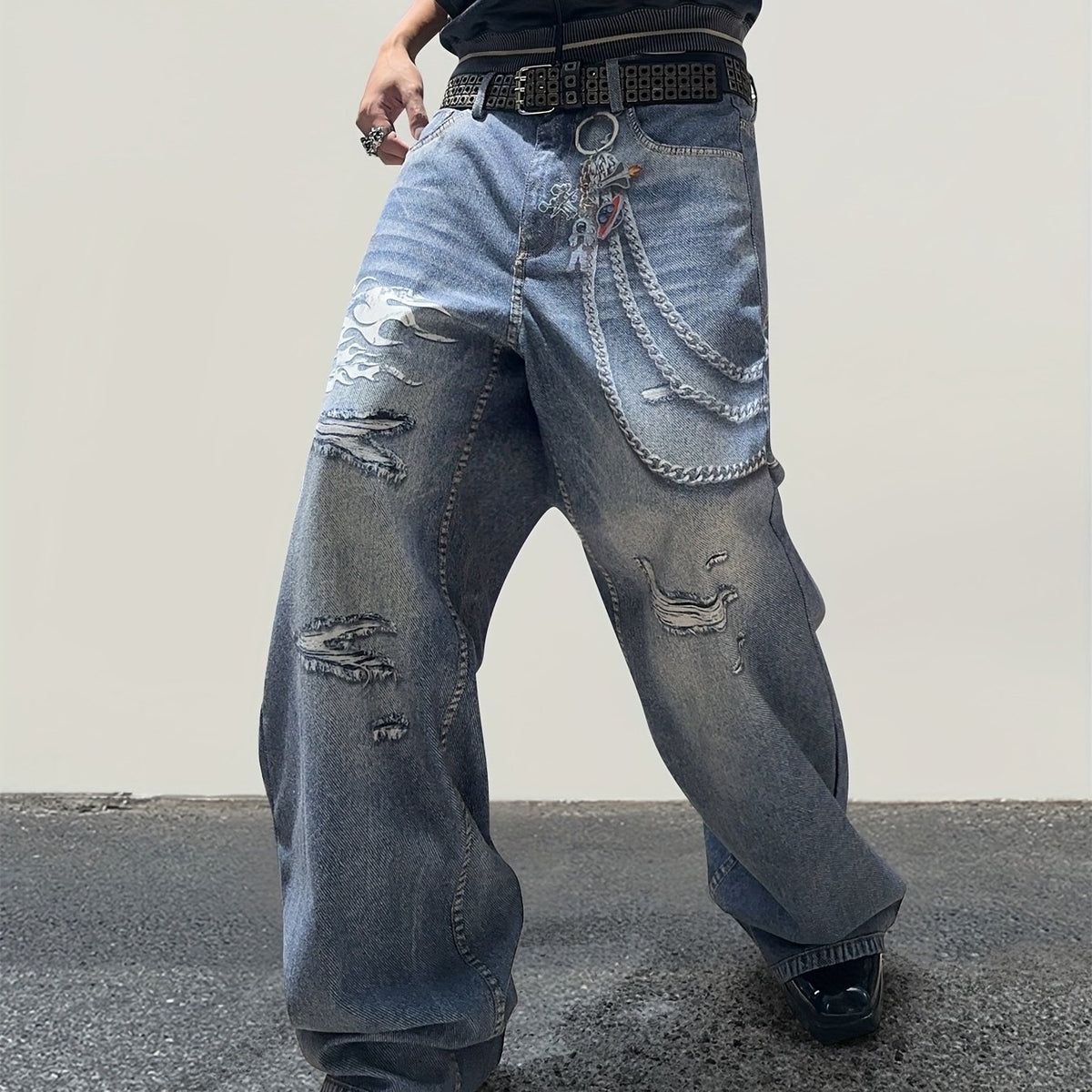 Hearujoy Men's Trendy Loose-Fit Chain Print Faux Denim Pants - Street Style Casual Straight Leg, Machine Washable