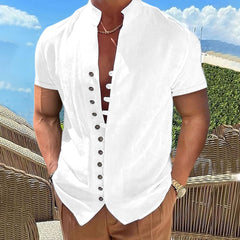 Hearujoy New 100% Cotton Linen Vintage Shirts Mens Short Sleeve Stand Collar  Casual Male Blouse Summer Retro Shirt Top Men Clothing