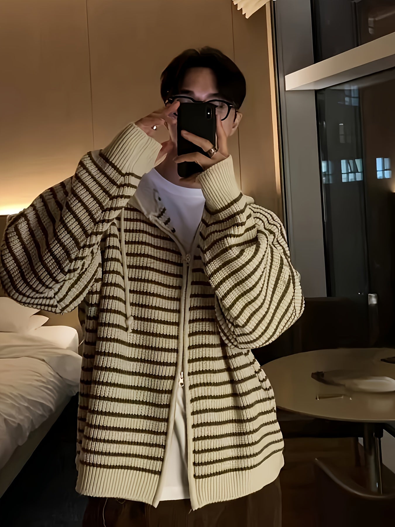 HEARUJOY  -  Men's Casual Striped Hooded Knit Cardigan - Soft Acrylic Zip-Up Sweater, Loose Fit for All Seasons, Black & White Vertical Stripes, Perfect for Commuting or Leisure Outings, Allseason Sweater | Zipup Cardigan | S