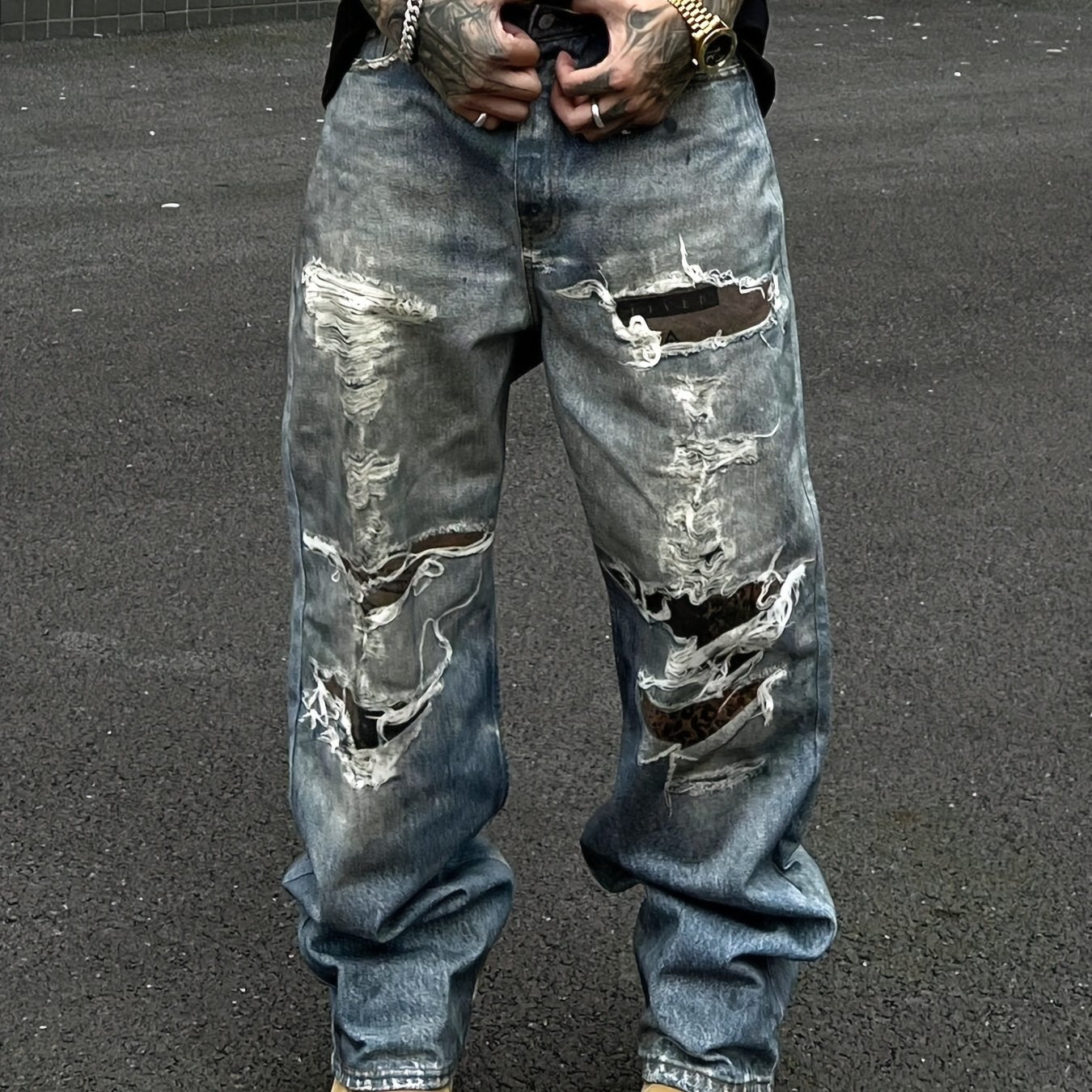 Hearujoy Men's Fashion Distressed Print Jeans - Loose Fit, Mid Waist, Polyester Non-Stretch Fabric, with Pockets, Zipper Fly, for Daily Casual Wear