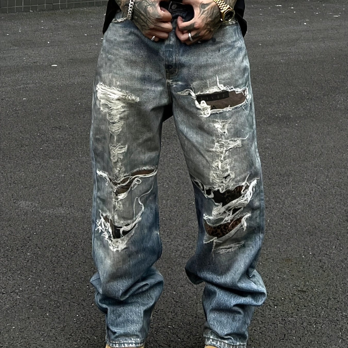 Hearujoy Men's Fashion Distressed Print Jeans - Loose Fit, Mid Waist, Polyester Non-Stretch Fabric, with Pockets, Zipper Fly, for Daily Casual Wear